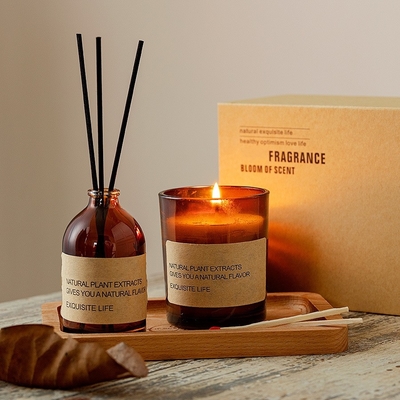 พาเลทไม้ฉลากส่วนตัวจับคู่เทียนหอมขี้ผึ้งถั่วเหลืองชุดของขวัญ Reed Diffuser