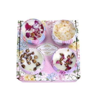 AROMA HOME 4 pcs ขายร้อนที่กำหนดเองขายส่งหรูหราชุดของขวัญโลหะ AROMA Tins Jar ดอกไม้แห้งขี้ผึ้งถั่วเหลืองเทียนหอม