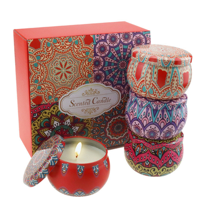 AROMA HOME 4 pcs ขายร้อนที่กำหนดเองขายส่งหรูหราชุดของขวัญโลหะ AROMA Tins Jar ดอกไม้แห้งขี้ผึ้งถั่วเหลืองเทียนหอม