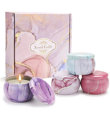 AROMA HOME 4 pcs ขายร้อนที่กำหนดเองขายส่งหรูหราชุดของขวัญโลหะ AROMA Tins Jar ดอกไม้แห้งขี้ผึ้งถั่วเหลืองเทียนหอม