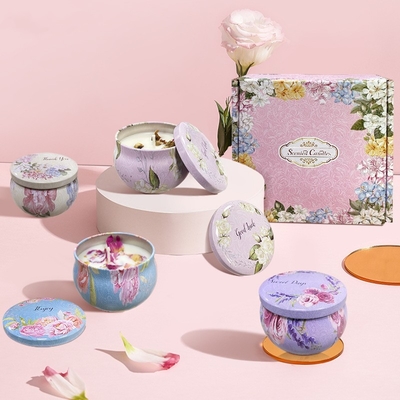 AROMA HOME 4 pcs ขายร้อนที่กำหนดเองขายส่งหรูหราชุดของขวัญโลหะ AROMA Tins Jar ดอกไม้แห้งขี้ผึ้งถั่วเหลืองเทียนหอม