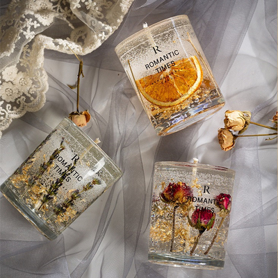 AROMA HOME Decor ดอกไม้กลิ่นเยลลี่เทียนหอมหรูหราฉลากส่วนตัวเจลขี้ผึ้งถั่วเหลืองเทียนหอมในขวดแก้ว