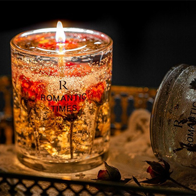 AROMA HOME Decor ดอกไม้กลิ่นเยลลี่เทียนหอมหรูหราฉลากส่วนตัวเจลขี้ผึ้งถั่วเหลืองเทียนหอมในขวดแก้ว