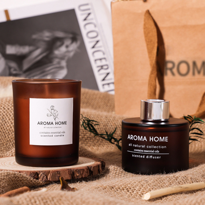 AROMA HOME Hot-sell Oil Fragrance Glass Jar Luxury Brown Reed Diffuser Scented Candles Gift Set