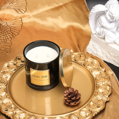 ขวดแก้วสีดำฝาโลหะสีทอง Home Wax Scent Soy Candle Private Label 14OZ 400g