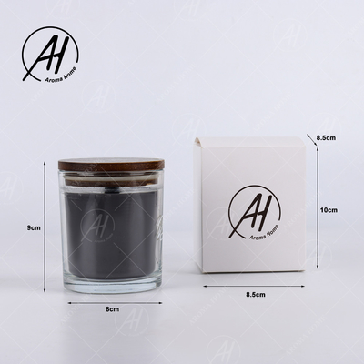 ขวดแก้วใส ฝาสีน้ำตาล ไส้ตะเกียงไม้ เทียนหอม ขี้ผึ้งถั่วเหลือง สีดำ