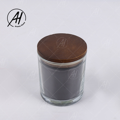 ขวดแก้วใส ฝาสีน้ำตาล ไส้ตะเกียงไม้ เทียนหอม ขี้ผึ้งถั่วเหลือง สีดำ